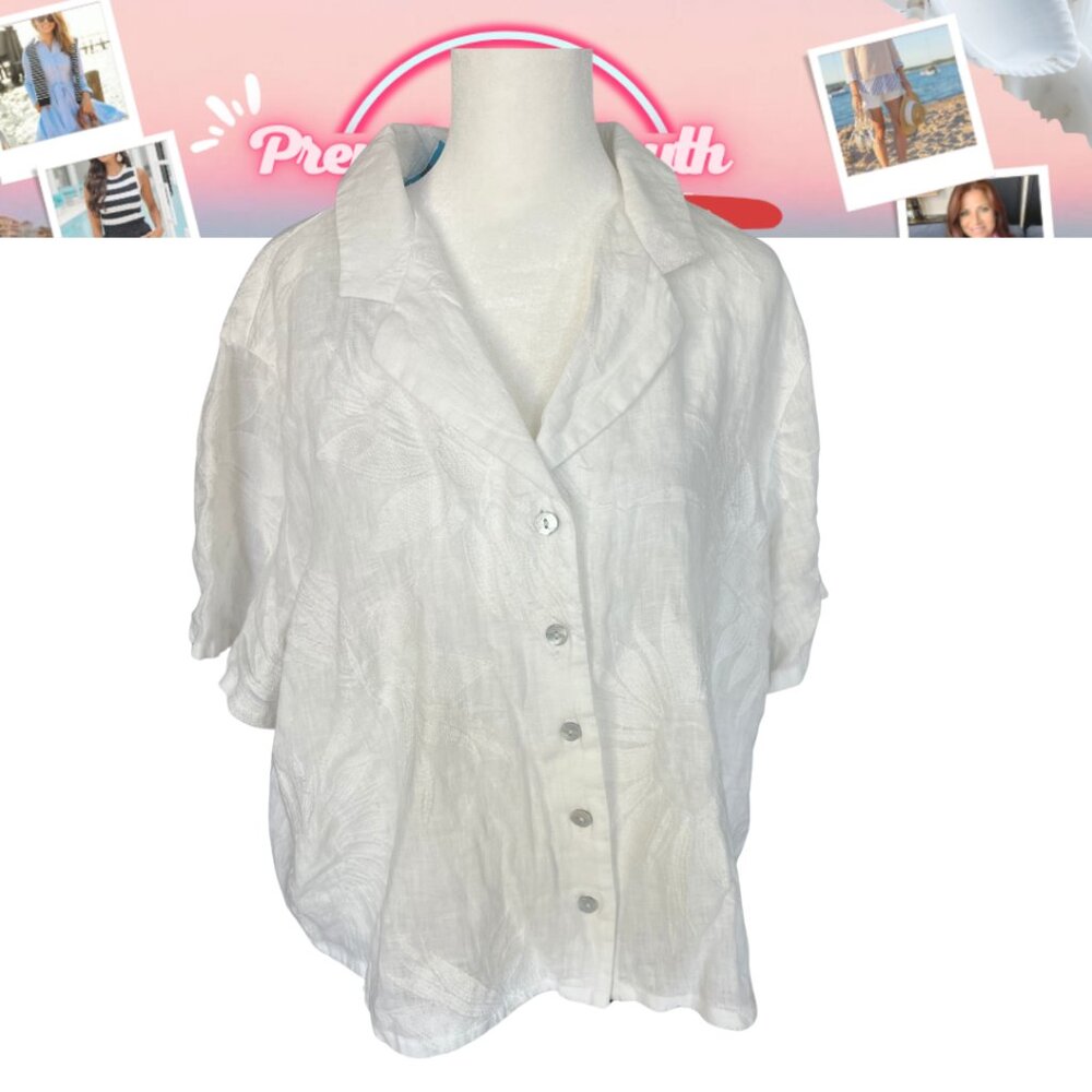 NWT Joie White 100% Linen Embroidered Short Sleeve Button-Down Top XL